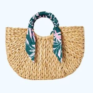 Lilly Pulitzer Stylish Tan Woven Handbag with Blue Scarf Accent